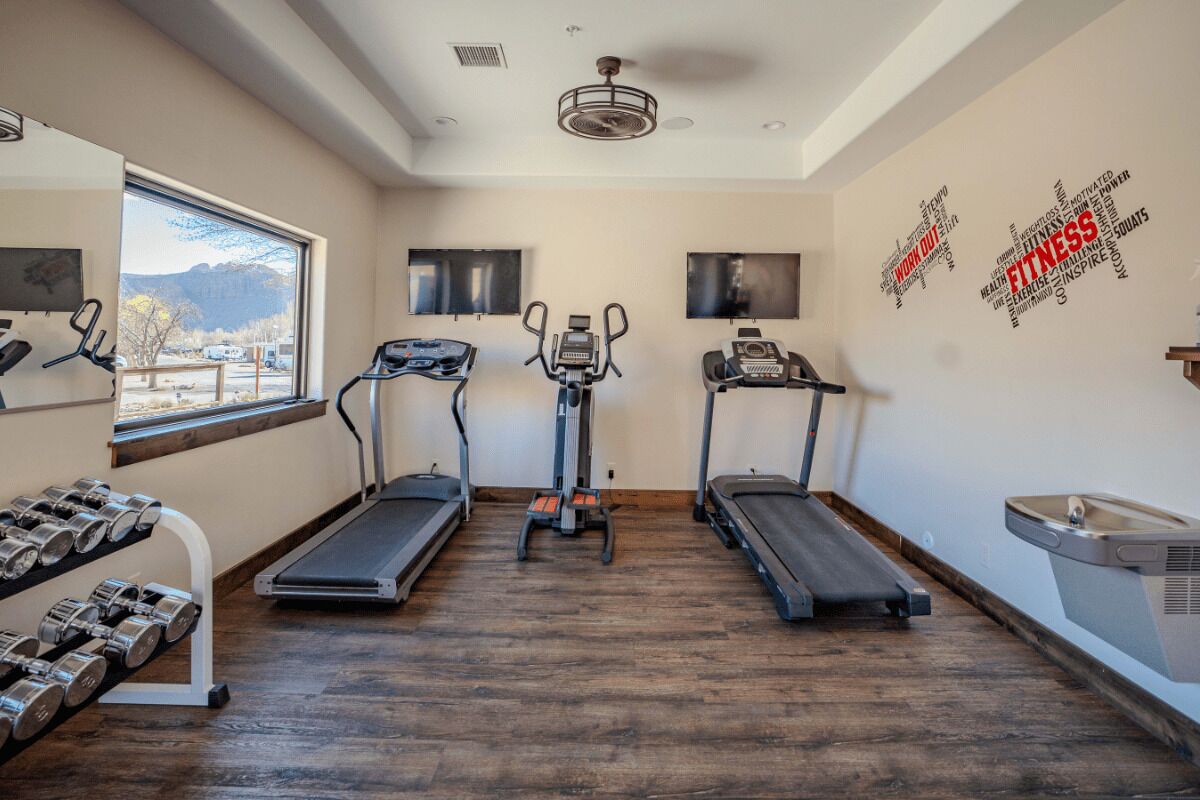 Ein Fitnessraum mit Laufbändern, einem Ergometer und Kurzhanteln.