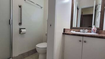 Hair dryer, bidet, towels, soap