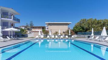 Seasonal outdoor pool, open 10:00 AM to 6:00 PM, pool umbrellas