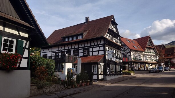 Un bâtiment traditionnel à colombages, doté d’un toit en tuiles, d’une enseigne visible indiquant « Altdesschwalbe », et une vue de la rue avec des voitures garées.