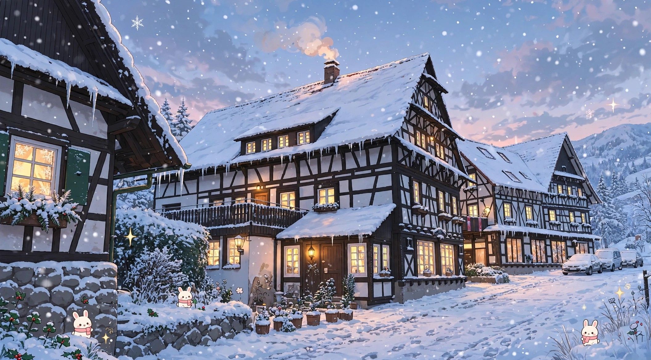 Ein traditionelles Fachwerkhäuschen mit zahlreichen Fenstern, einem schneebedeckten Dach und einer Mauer aus Stein davor.