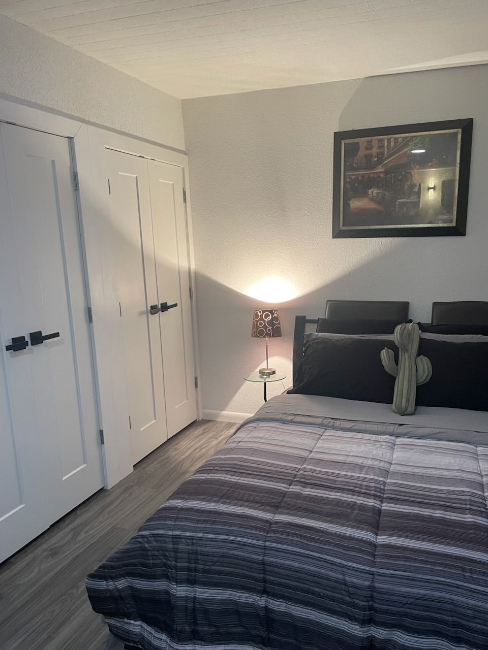 A bedroom with a bed, a cactus decoration, a framed picture on the wall, and a bedside lamp.