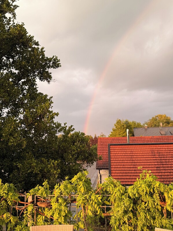 A red-roofed building with a visible rainbow in the background.