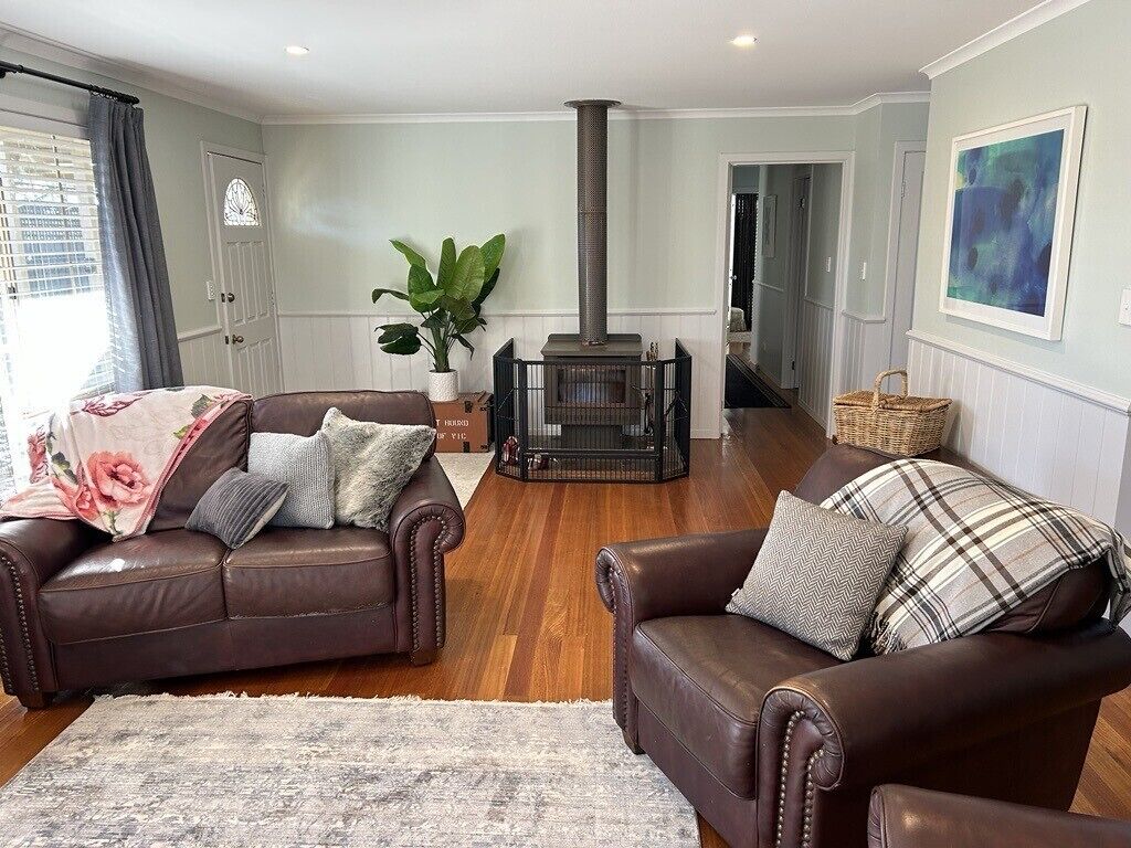 A living room with two brown leather sofas, a large potted plant, a black fireplace, and a framed abstract painting on the wall.