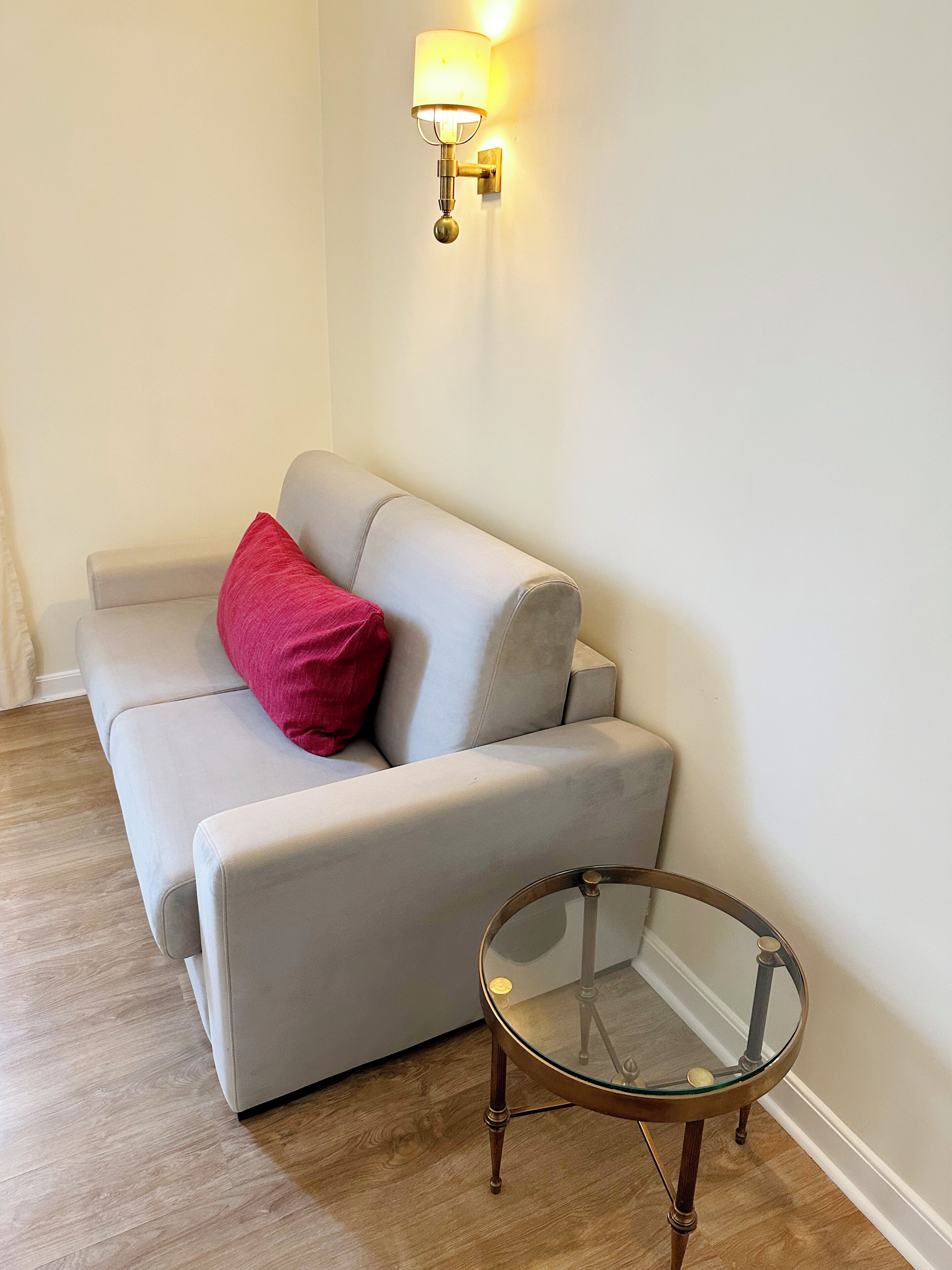 Een kamer met een grijze bank, een rood kussen, een glazen tafel met houten poten en een wandlamp.
