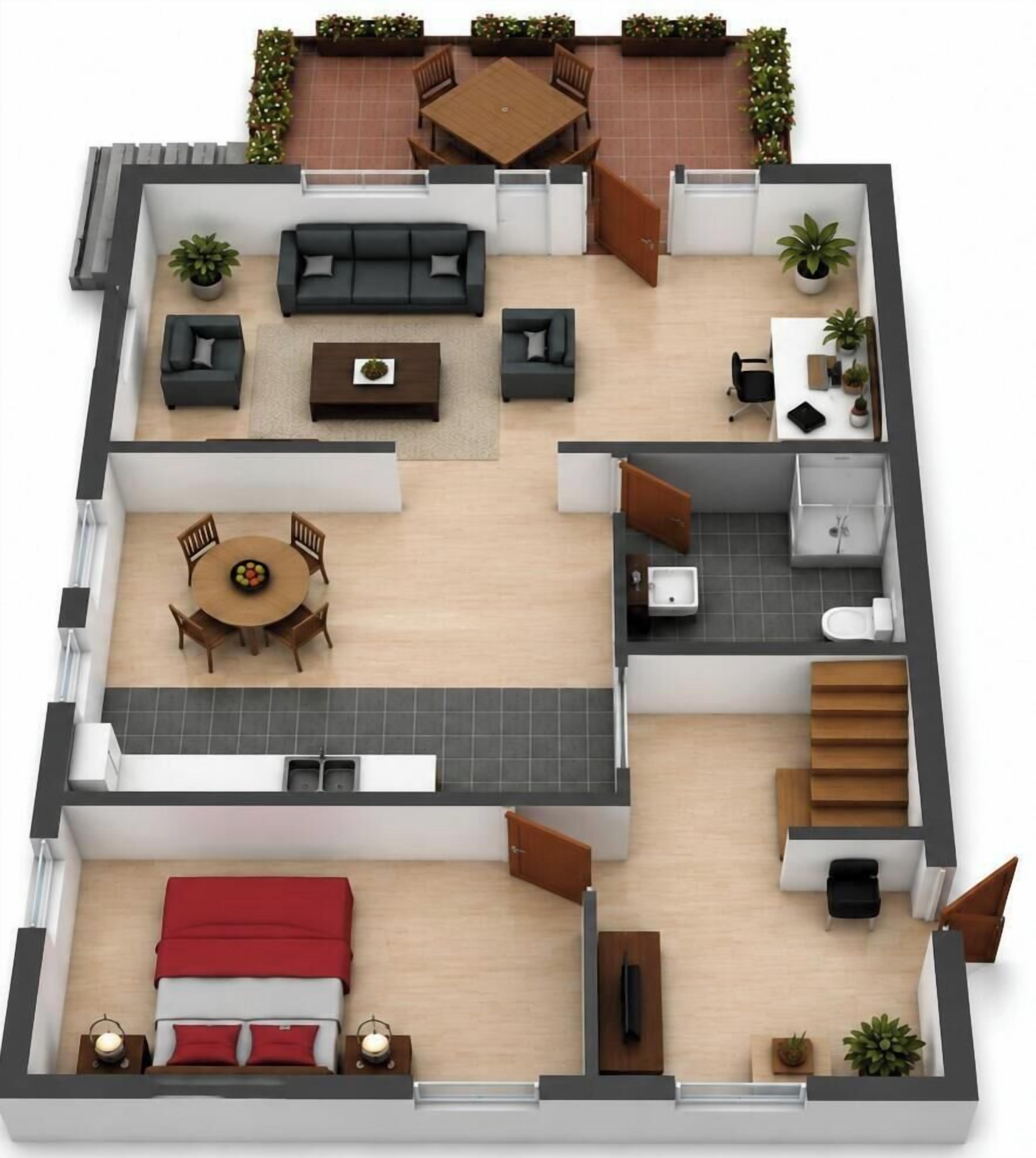 Un plan d’étage en 2D d’un appartement moderne comprenant un salon, un coin repas, une cuisine, une salle de bain et une chambre.