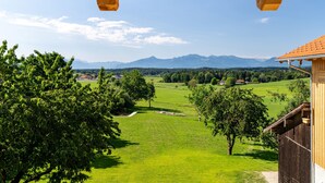 Una estructura de madera con vistas a un campo verde y montañas a lo lejos.
