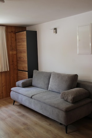 A grey sofa in a room with wooden flooring and a dark-colored wall. - Steinberg Vacation Rental (Ramsau bei Berchtesgaden)