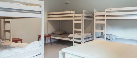 A dormitory room with bunk beds, a small table, and a chair.
