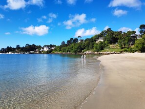 Ein Strand mit klarem Wasser, sandigem Ufer und Häusern im Hintergrund.