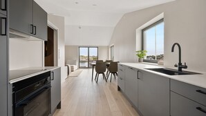 A modern kitchen with grey cabinets, a black oven, and a large window. - Top apartment in Henningsvær (Vågan)