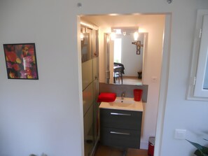 A bathroom with a mirror, a sink, a red towel, and a small plant.