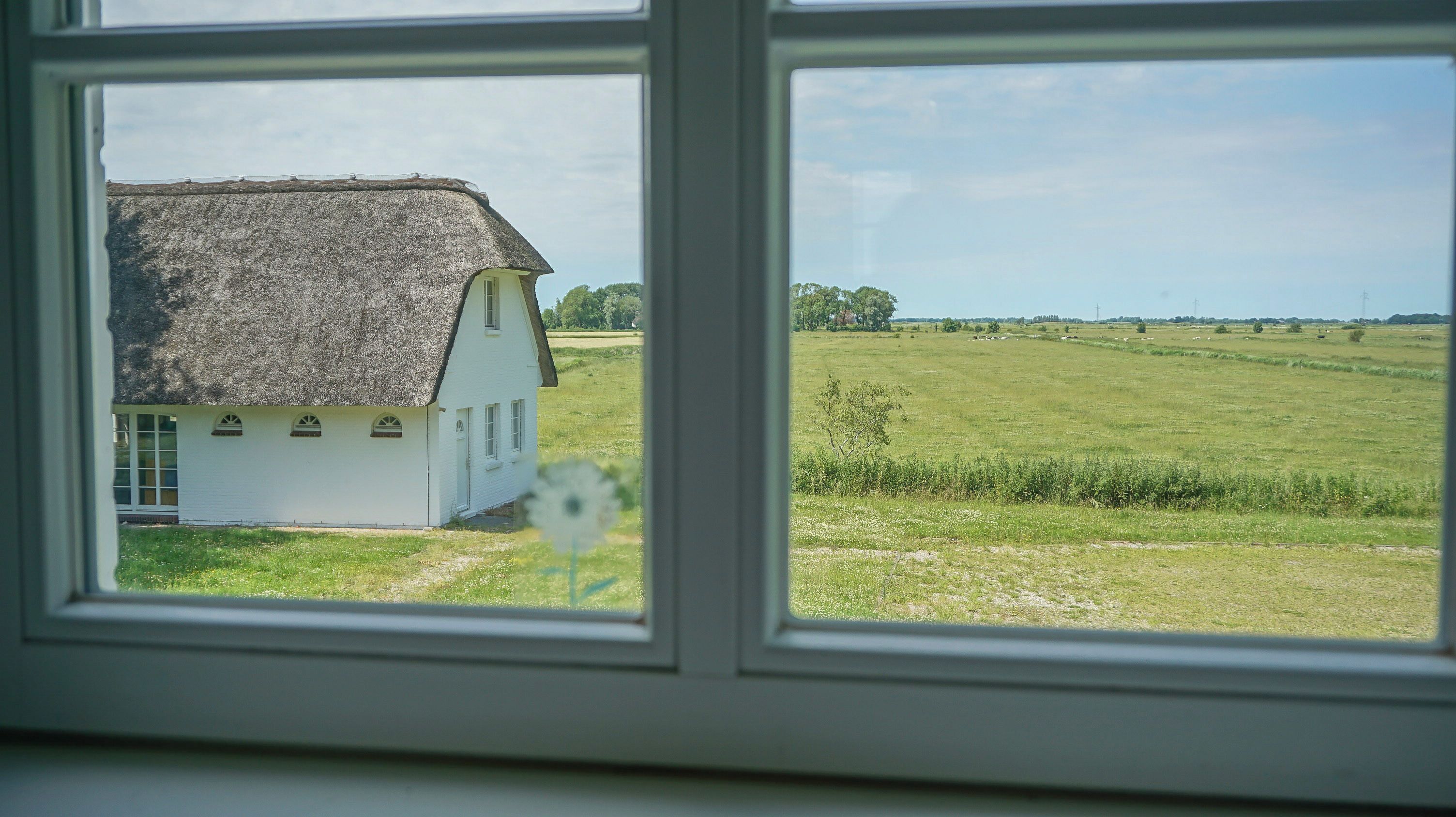 Blick aus dem Fenster auf ein weißes Haus mit Strohdach, eine Wiese und einen klaren Himmel.