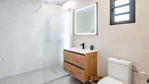 A modern bathroom with a glass shower enclosure, a wooden vanity, a white toilet, and a mirror with integrated lighting. - House with AC and WiFi - 2 guests, near St-Pierre (Saint-Pierre)