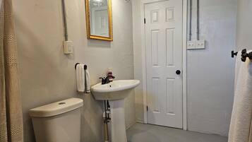 Een badkamer met toilet, wastafel, spiegel en deur.
