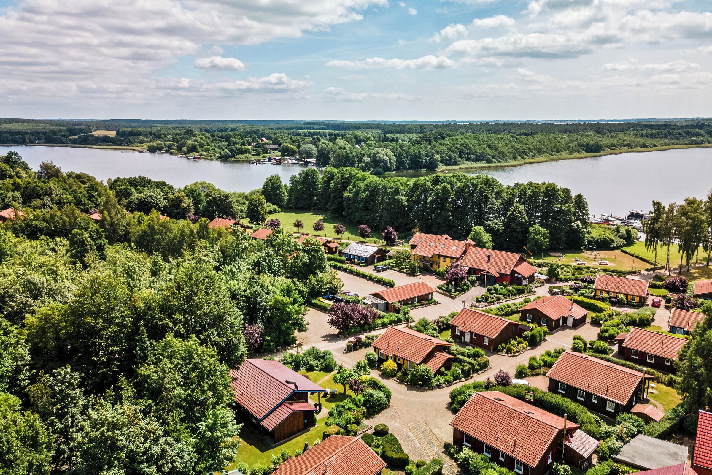 Un quartier résidentiel avec des maisons, un lac et de nombreux espaces verts.