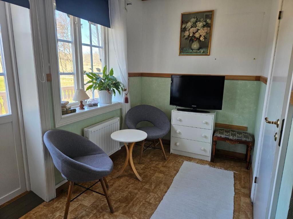 A room with a television, two chairs, a small table, a radiator, and a window with curtains.