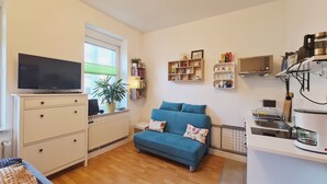 Habitación pequeña con cama, televisión, radiador, ventana, estanterías con libros y objetos decorativos, y kitchenette.