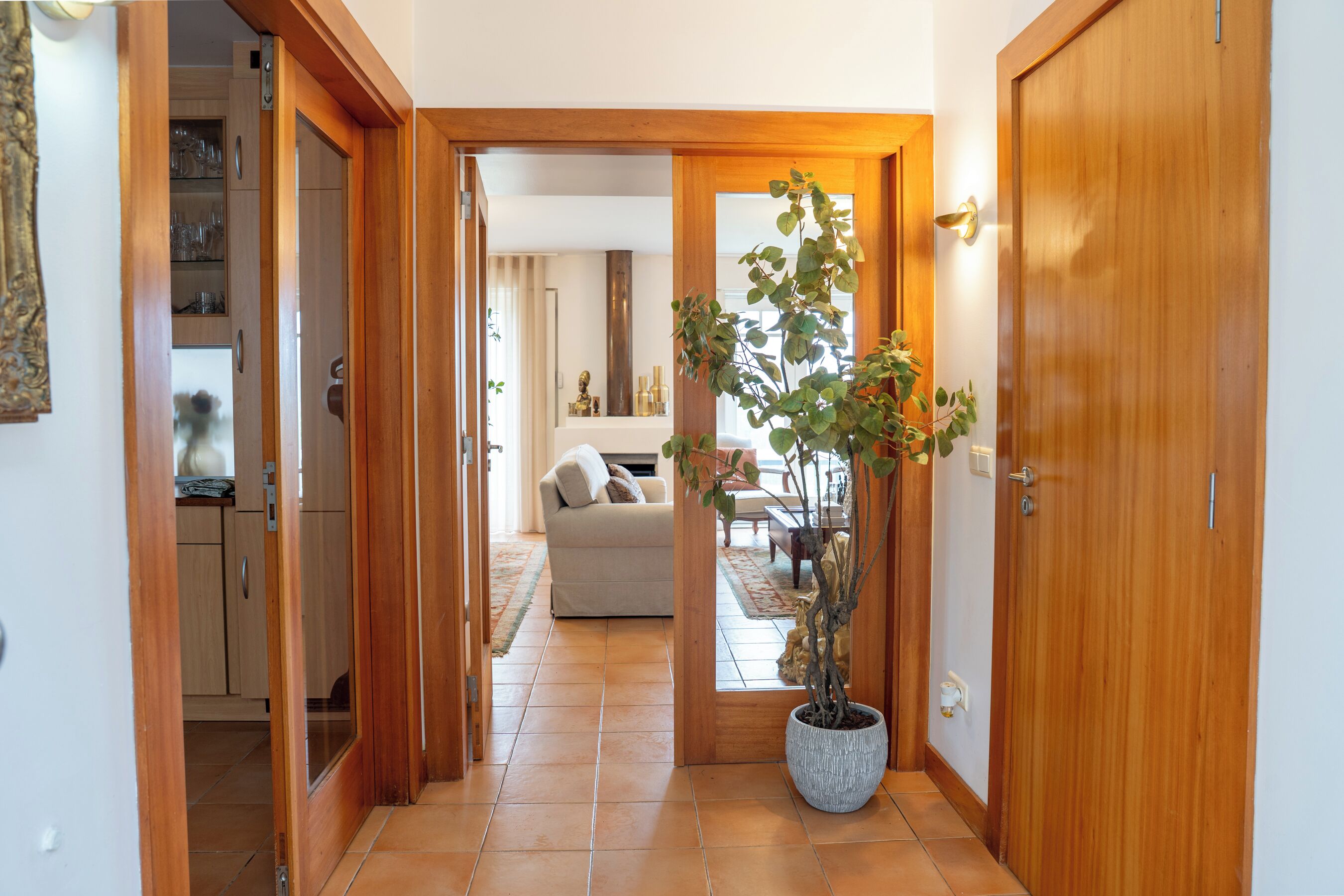 Un couloir avec des portes en bois, une plante en pot, un canapé et une table à manger.
