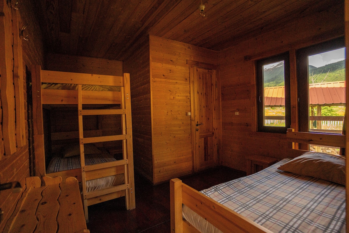 A wooden cabin with bunk beds, a single bed, and a window with a view of a mountain.