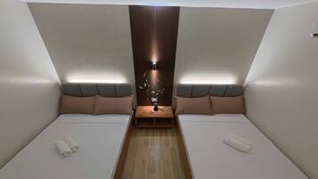 A compact room with two beds, a small table, and a decorative plant.