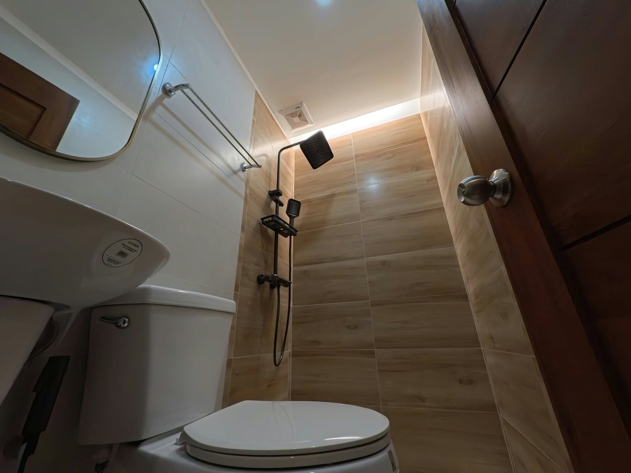 A compact bathroom with a toilet, a shower with a handheld showerhead, and a mirror.