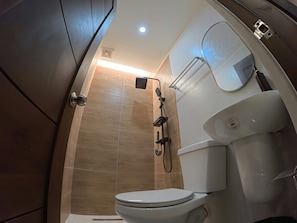 A bathroom with a shower, toilet, and a mirror. - Penthouse 6500 Hotel (Tacloban)