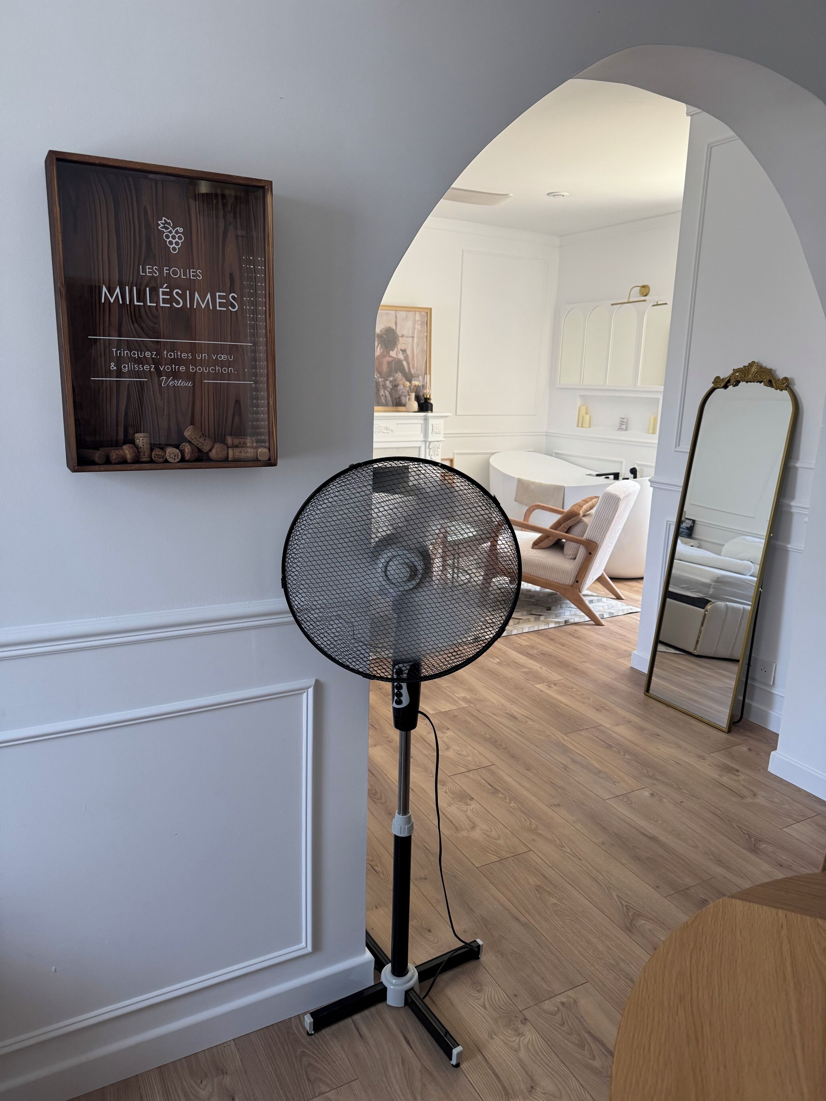 Een kamer met een staande ventilator, een lijst aan de muur en een spiegel.