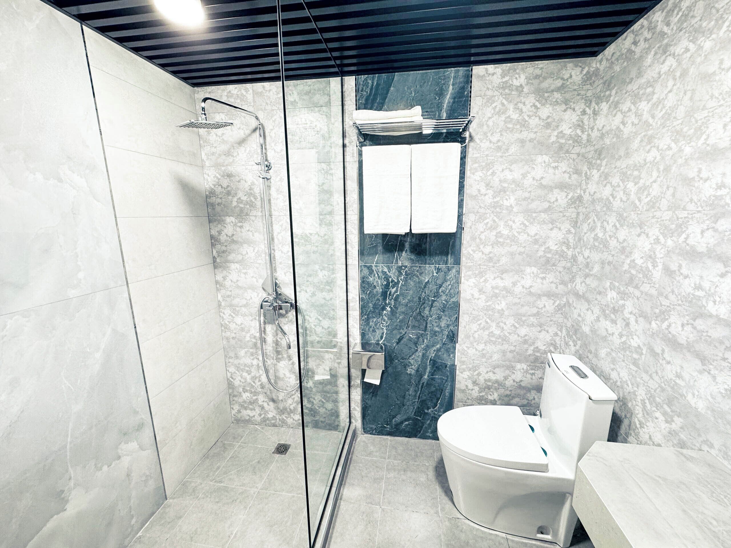 A modern bathroom with a glass-enclosed shower, a white toilet, and marble walls.