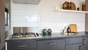 A modern kitchen with a gas stove, stainless steel sink, and a built-in range hood. - Wellness Lodge 2 (Olburgen)