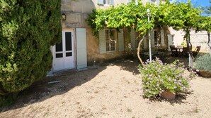 A building with a gravel courtyard, a large tree, and a vine-covered pergola.