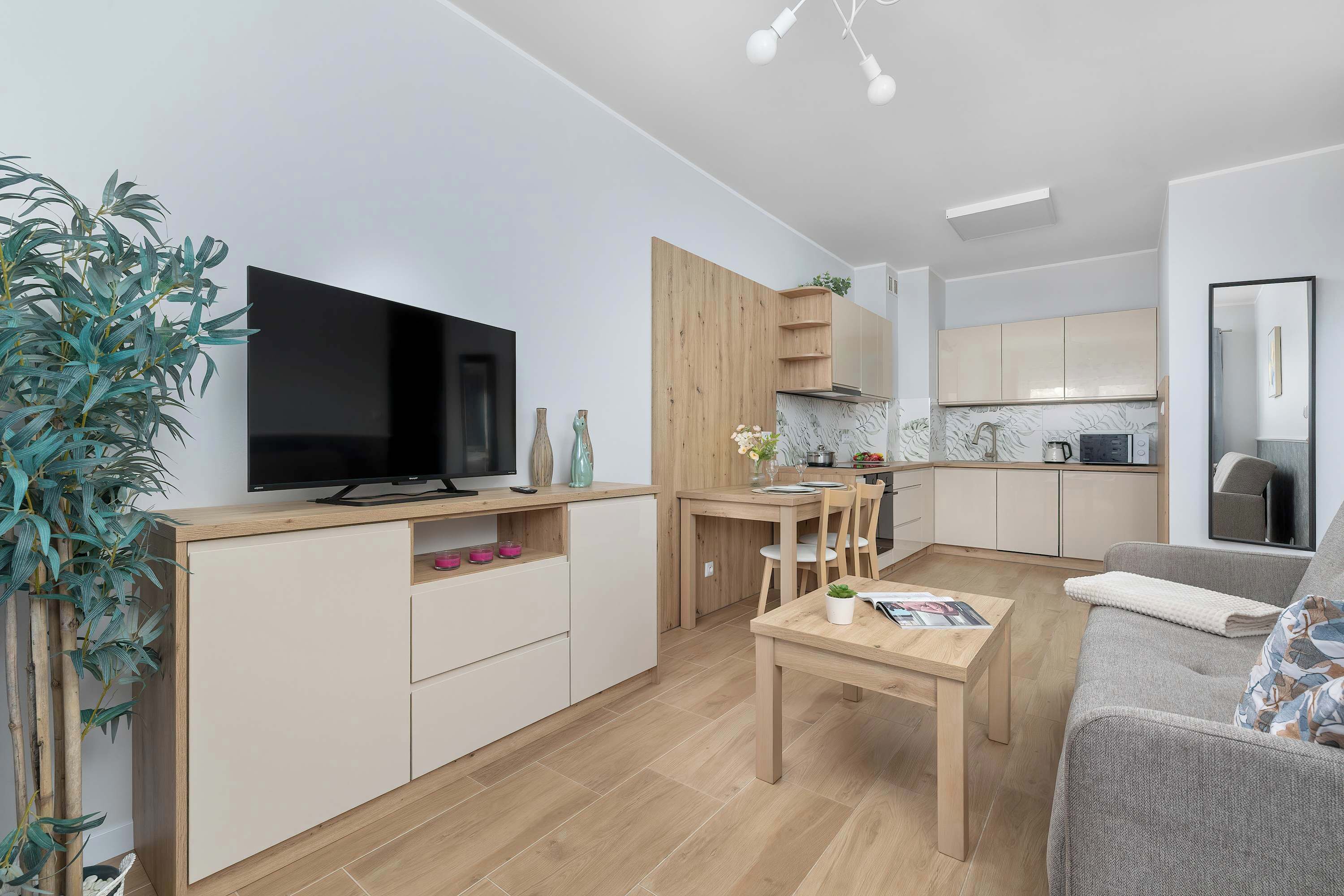 Eine moderne Wohnung mit Fernseher, Küchenzeile, Essbereich und einer Sitzecke.