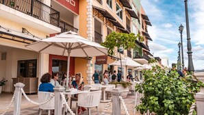 Outdoor seating with white chairs and umbrellas, a restaurant named 'OCEANA' with a red awning, and a building with balconies and a green plant in the foreground. - Marina View Studio (Playa Flamingo)