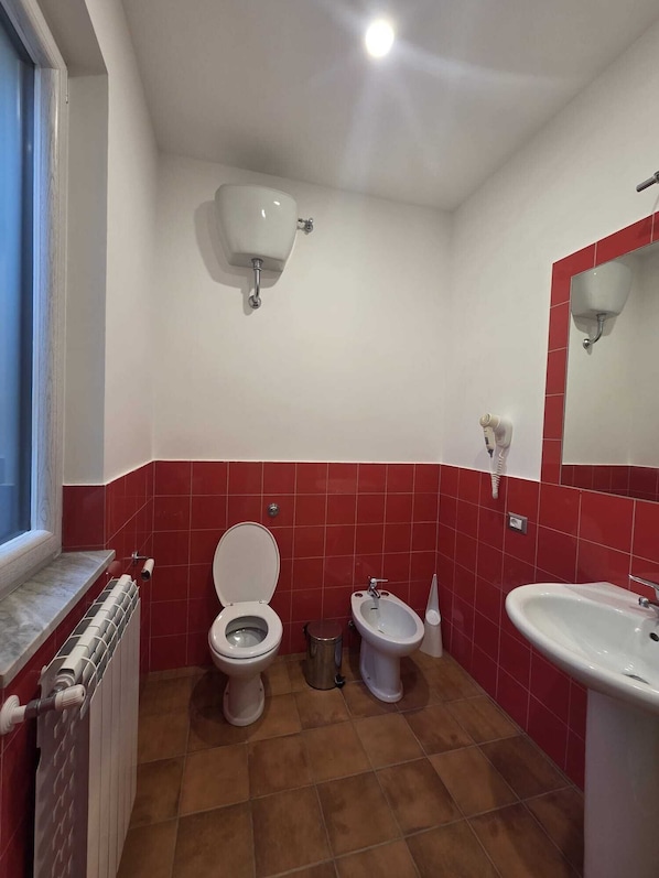 A bathroom with a toilet, bidet, sink, and a mirror.