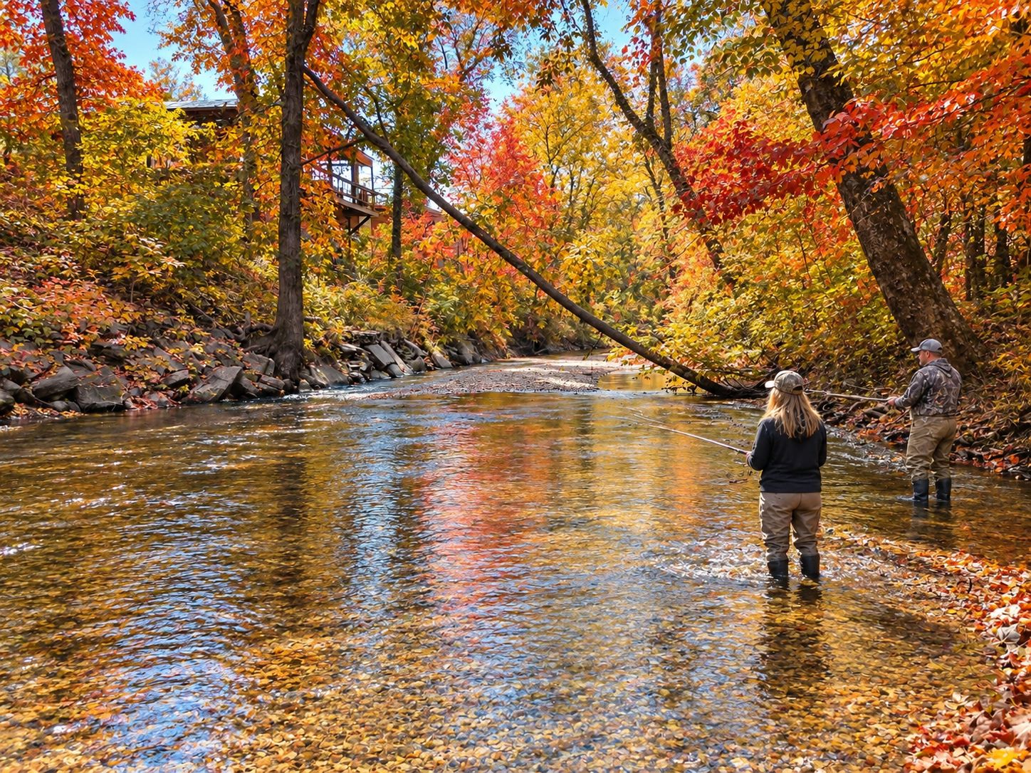 A river with clear water surrounded by trees with autumn foliage.