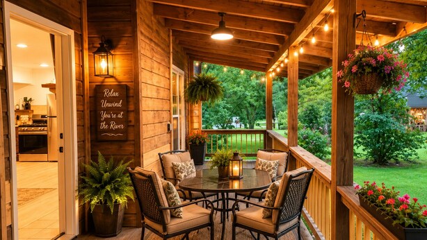 A wooden deck with a table and chairs, a sign reading 'Relax Unwind You're at the River', and a view of greenery. - Studio on the River! (Noel)