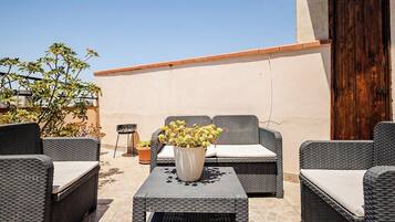 Une terrasse extérieure avec des meubles en osier, une plante en pot et une porte en bois.