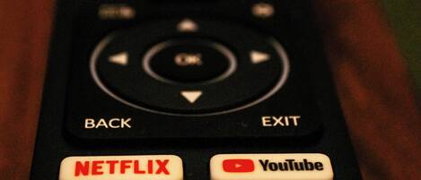 A remote control with buttons for Netflix, YouTube, Prime Video, Disney+, TikTok, and Free.