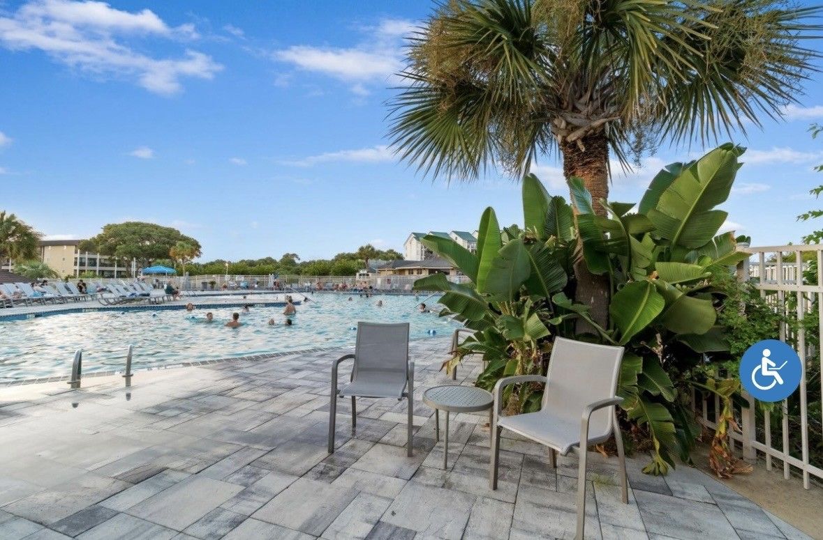 Un espace piscine avec des chaises longues, un palmier et un panneau indiquant l’accès pour les personnes handicapées.