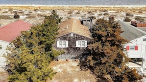 A coastal house with a red roof, surrounded by trees and a beach in the background. - Beach front 3 Bedroom home 3 Home (Milton)
