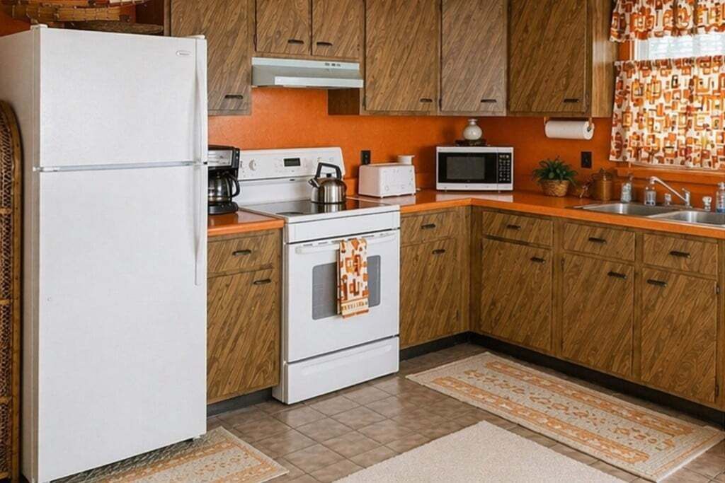 A kitchen with wooden cabinets, a white refrigerator, a stove, a microwave, and a sink.