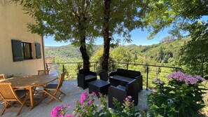 Um terraço com mesa e cadeiras, um sofá de vime e vista para uma encosta arborizada.