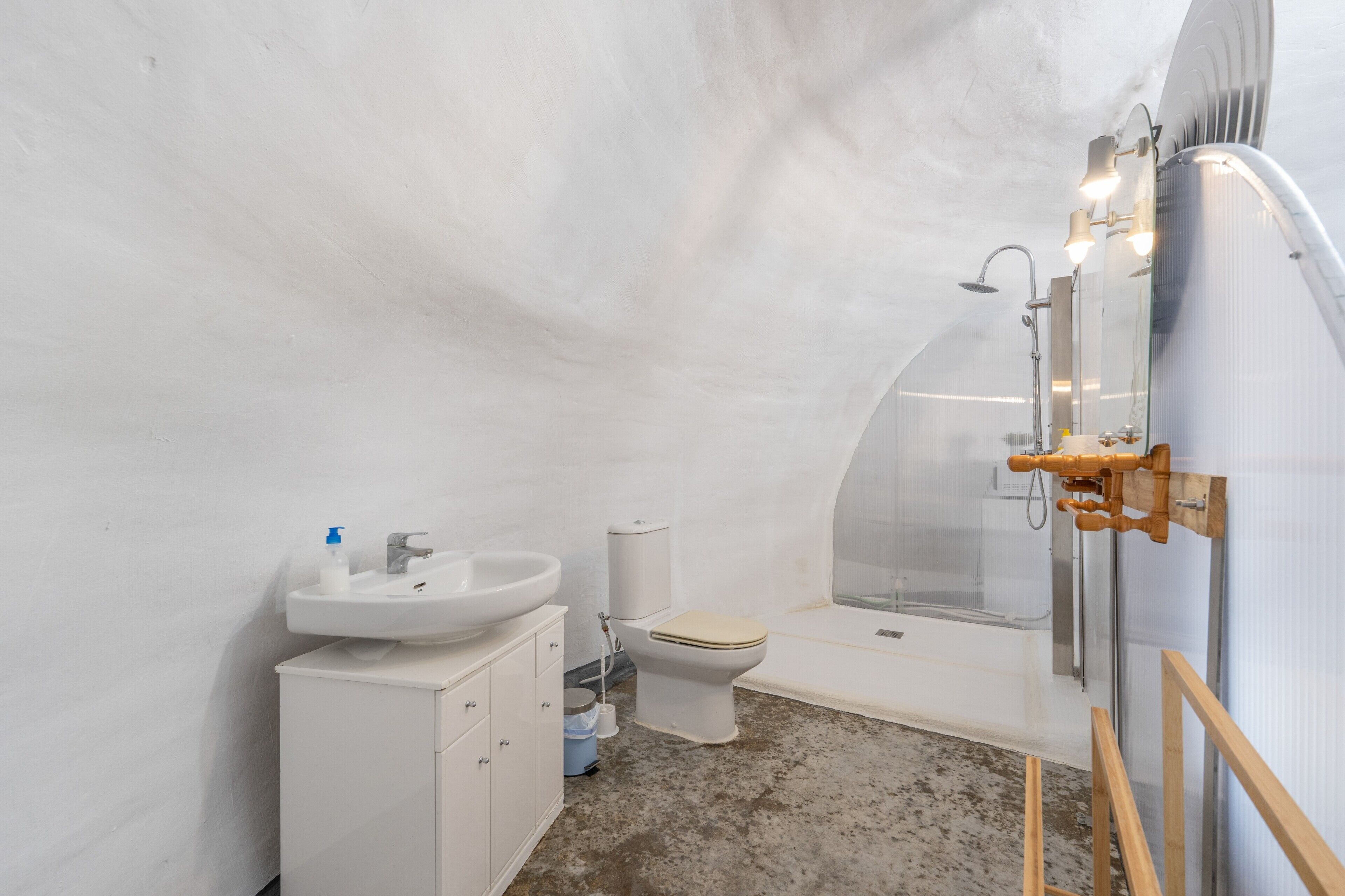 Een kleine badkamer met een wastafel, toilet en douche.
