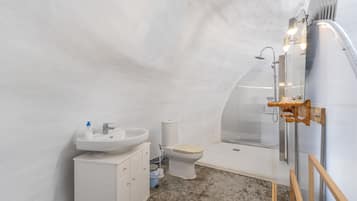 Een kleine badkamer met een wastafel, toilet en douche.