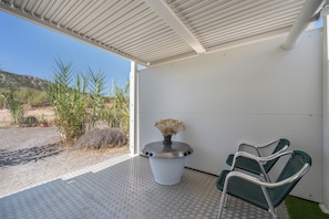 A covered patio area with a metal roof, a potted plant, and two green chairs.