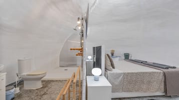 Dormitorio moderno y funcional con ducha, inodoro y cama con cabecera.