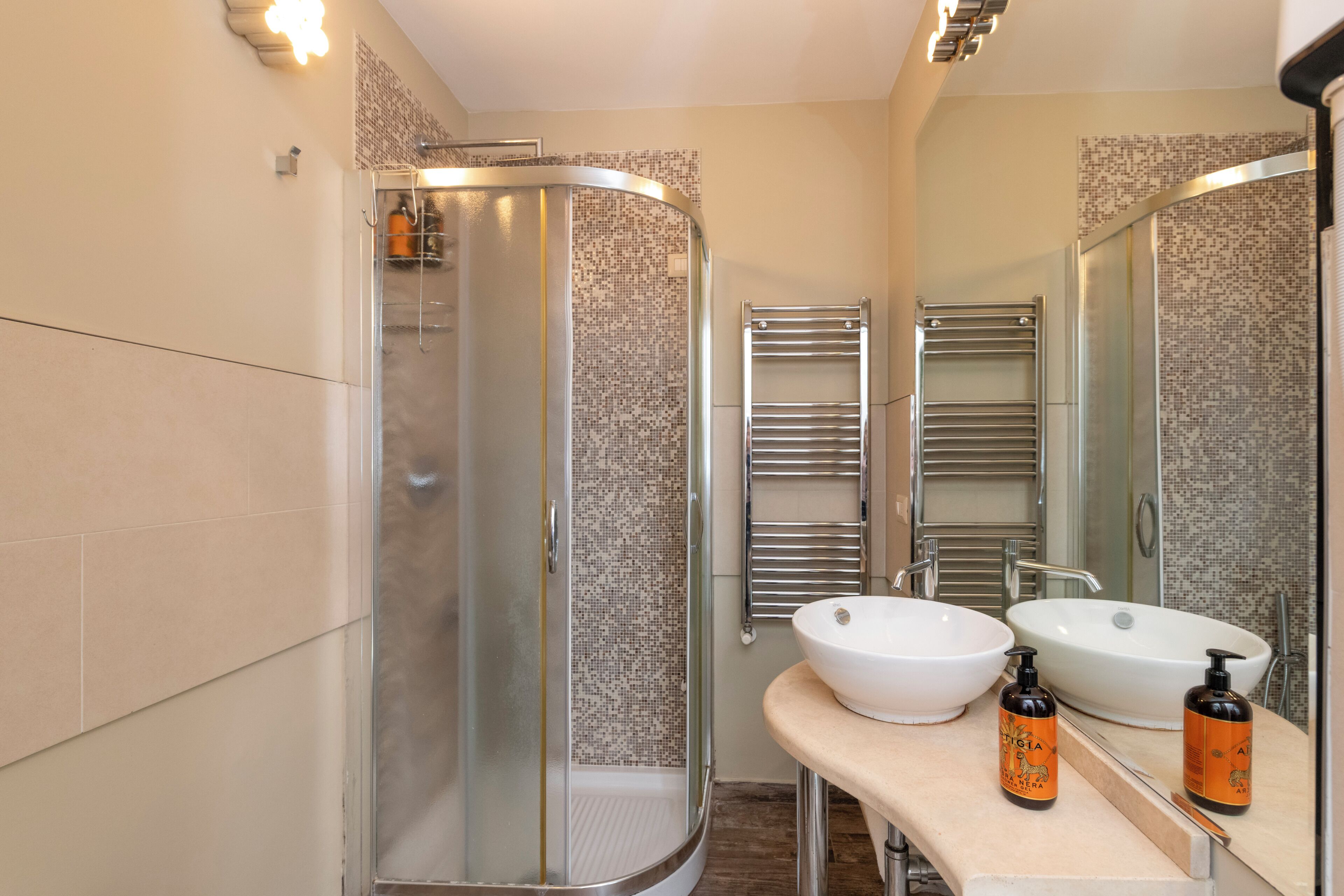 A modern bathroom with a glass shower enclosure, two sinks, and a mirror.