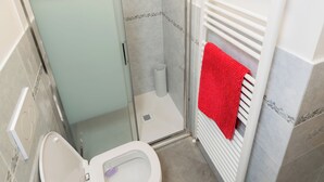 A bathroom with a glass shower enclosure, a white toilet, and a towel rack with a red towel. - Lucia's Charming Apartment (Firenze)