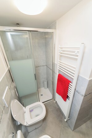 A bathroom with a glass shower enclosure, a white toilet, and a towel rack with a red towel. - Lucia's Charming Apartment (Firenze)