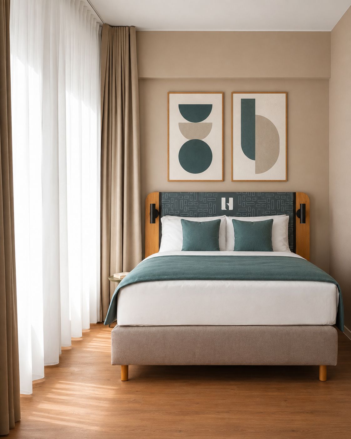 A bedroom with a bed, curtains, and two framed abstract artworks on the wall.